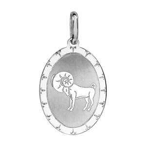 Pendentif en argent rhodié plaque ovale zodiaque Bélier mat et brillant