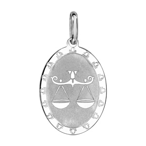 Pendentif en argent rhodié plaque ovale zodiaque Balance mat et brillant