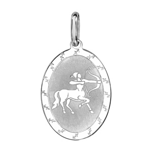 Pendentif en argent rhodié plaque ovale zodiaque Sagittaire mat et brillant