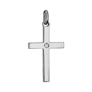 Pendentif croix en argent rhodié moyen modèle avec 1 oxyde blanc serti au centre