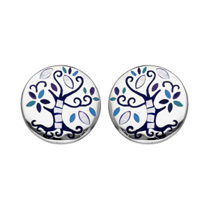 Boucles d’oreille Stella Mia en acier et nacre rondes avec arbre de vie bleu et fermoir poussette