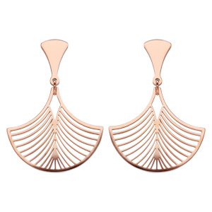 Boucles d'oreilles en acier et PVD rose plume de paon suspendu et fermoir poussette