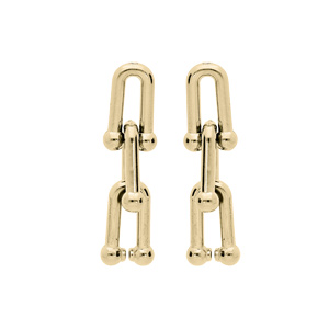 Boucles d’oreille en acier et PVD jaune 3 maillons fer à cheval et fermoir poussette