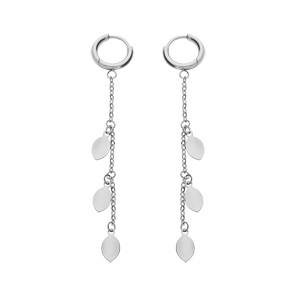 Créoles en acier articulée chaînette suspendue avec pampilles 3 feuilles lisses diamètre 1.2 mm