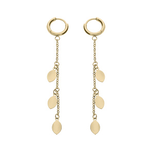 Créoles en acier et PVD jaune articulée chaînette suspendue avec pampilles 3 feuilles lisses diamètr