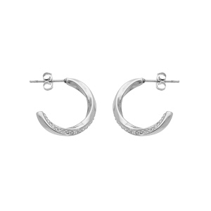 Créoles en acier demi anneau vrille avec oxydes blancs et fermoir poussette