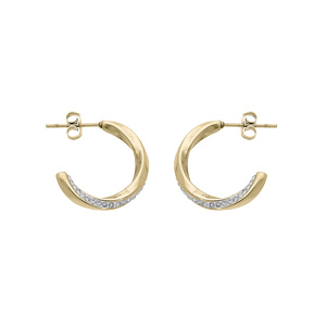 Créoles en acier et PVD jaune demi anneau vrille avec oxydes blancs et fermoir poussette