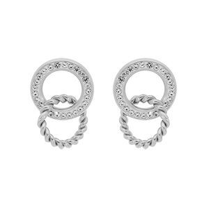 Boucles d'oreille en acier double anneau oxydes blancs sertis et torsade entremélés et fermoir pouss