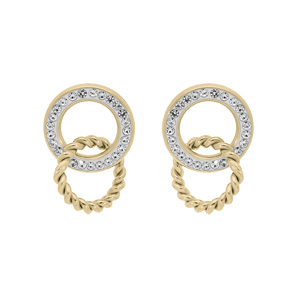Boucles d’oreille en acier et PVD jaune double anneau oxydes blancs sertis et torsade entremélés et fermoir poussette