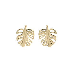Boucles d’oreille en acier et PVD jaune motif feuille ajourée et fermoir poussette
