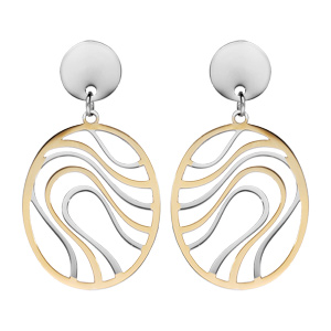 Boucles d'oreille pendantes en acier et PVD jaune avec volutes ajourées et fermoir poussette