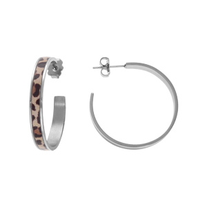 Créoles en acier motif léopard 30mm et fermoir poussette