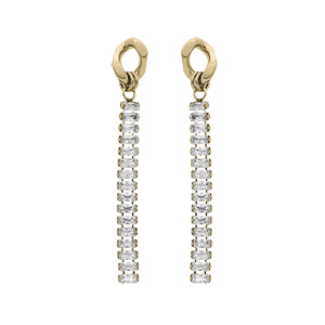 Boucles d’oreille en acier et PVD jaune pendantes avec chaînette d’oxydes blancs sertis en cascade et fermoir poussette
