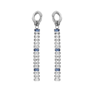 Boucles d’oreille en acier pendantes avec chaînette d’oxydes blancs et bleu foncé sertis en cascade et fermoir poussette