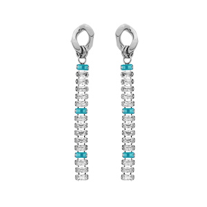 Boucles d’oreille en acier pendantes avec chaînette d’oxydes blancs et Topaze bleu sertis en cascade et fermoir poussette