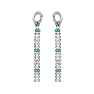 Boucles d'oreille en acier pendantes avec chaînette d'oxydes blancs et vert sertis en cascade et fer