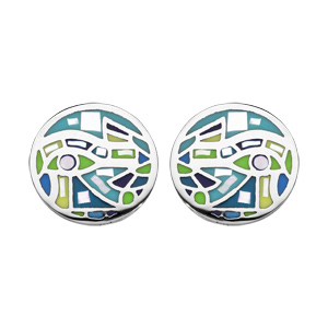 Boucles d'oreille en acier Stella Mia ronde vert et nacre et fermoir poussette