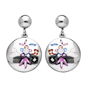 Boucles d’oreille pendantes en acier Stella Mia ronde fleur colorée et nacre et fermoir poussette