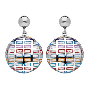 Boucles d’oreille pendantes en acier Stella Mia ronde motif rectangles multi-couleur et nacre et fermoir poussette