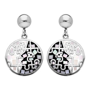 Boucles d'oreille pendantes en acier Stella Mia ronde noire, blanche et nacre et fermoir poussette