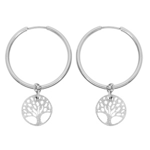 Créoles en acier articulés fantaisie tube lisse avec pampille arbre de vie 29mm