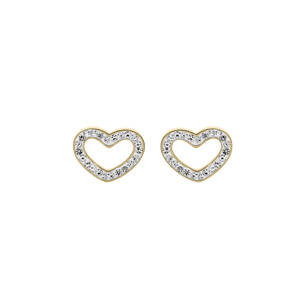 Boucles d'oreille en acier et PVD jaune coeur évidé contour oxydes blancs sertis et fermoir poussett