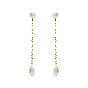 Boucles d’oreille tige acier et PVD jaune pendante avec perles de culture d’eau douce