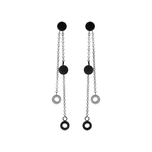 Boucles d’oreille tige acier, deux chaînette avec pastilles PVD noir