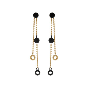 Boucles d’oreille tige acier et PVD doré, deux chaînettes avec pastilles PVD noir