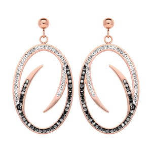 Boucles d’oreille pendantes en acier et PVD rose ovale avec oxydes noirs et blancs et fermoir poussette