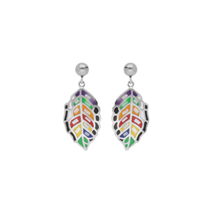 Boucles d’oreille Stella Mia en acier feuille multi couleur suspendue et Nacre et fermoir poussette