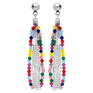 Boucles d'oreille en acier chaînettes et pierres multi couleurs et fermoir poussette