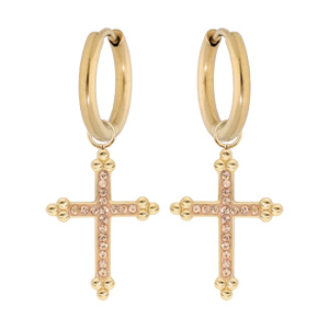 Créoles en acier et PVD jaune fantaisie avec pampille Croix champagne et pierres champagne