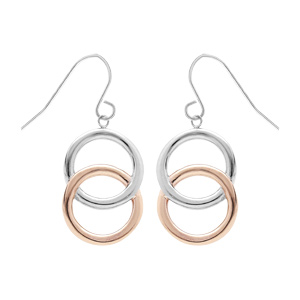 Boucles d'oreille pendantes en acier et PVD rose double cercle et fermoir crochet