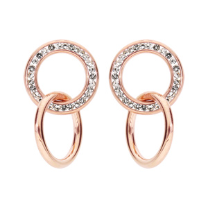 Boucles d’oreille en acier et PVD rose double cercle et oxydes blancs sertis et fermoir poussette