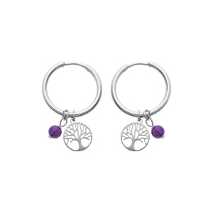Créoles en acier lisses avec pampille arbre de vie et perle violette