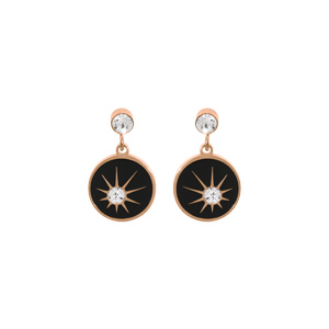 Boucles d’oreille en acier et PVD rose pampille noire et oxyde blanc étoilé avec fermoir poussette