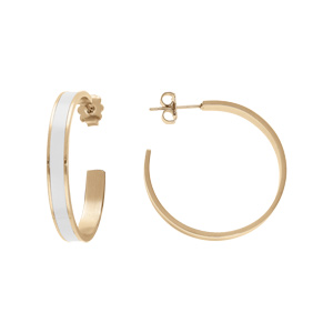 Créoles en acier et PVD doré 30mm résine blanche fermoir poussette