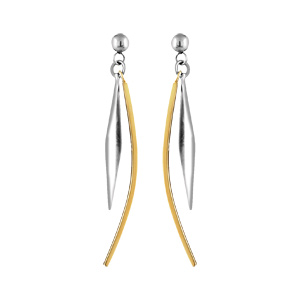 Boucles d'oreilles en acier et PVD jaune forme géométrique baguette courbée et losange allongé suspe