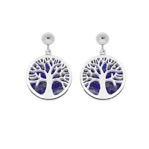 Boucles d'oreille en acier arbre de vie suspendu fond Lapis Lazuli véritable