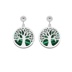 Boucles d'oreille en acier arbre de vie suspendu fond Malachite véritable