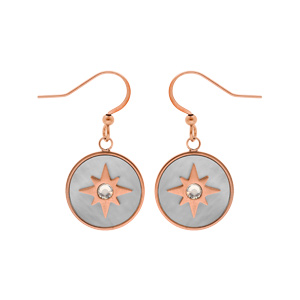 Boucles d’oreille en acier et PVD rose pastille soleil suspendue et fermoir crochet