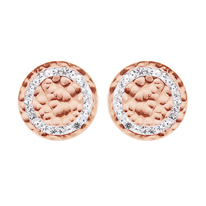 Boucles d’oreille en acier et PVD rose pastille froissée et oxydes blancs sertis fermoir poussette