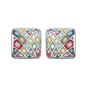 Boucles d’oreilles Stella Mia en acier et nacre blanche véritable plateau carré motifs géométriques et couleurs pastel et fermoir poussette
