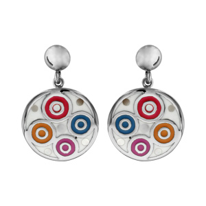 Boucles d’oreilles Stella Mia en acier pendantes motifs spirales et multicolores avec nacre blanche véritable et fermoir poussette