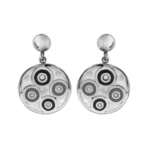 Boucles d'oreilles Stella Mia en acier et nacre blanche véritable motifs spirales et noir et blanc a