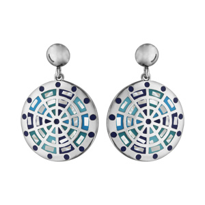 Boucles d’oreilles Stella Mia en acier et nacre blanche véritable plateau rond mosaïque dégradée de bleu et fermoir poussette