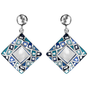 Boucles d’oreilles Stella Mia en acier carré dégradé de bleu et nacre blanche véritable suspendu et fermoir poussette