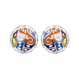 Boucles d’oreilles Stella Mia en acier bombée motifs spirales et formes multicolores avec nacre blanche véritable et fermoir poussette