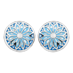 Boucles d’oreilles Stella Mia en acier et nacre blanche véritable plateau rond bombé motif fleur et dégradé de bleu et fermoir poussette